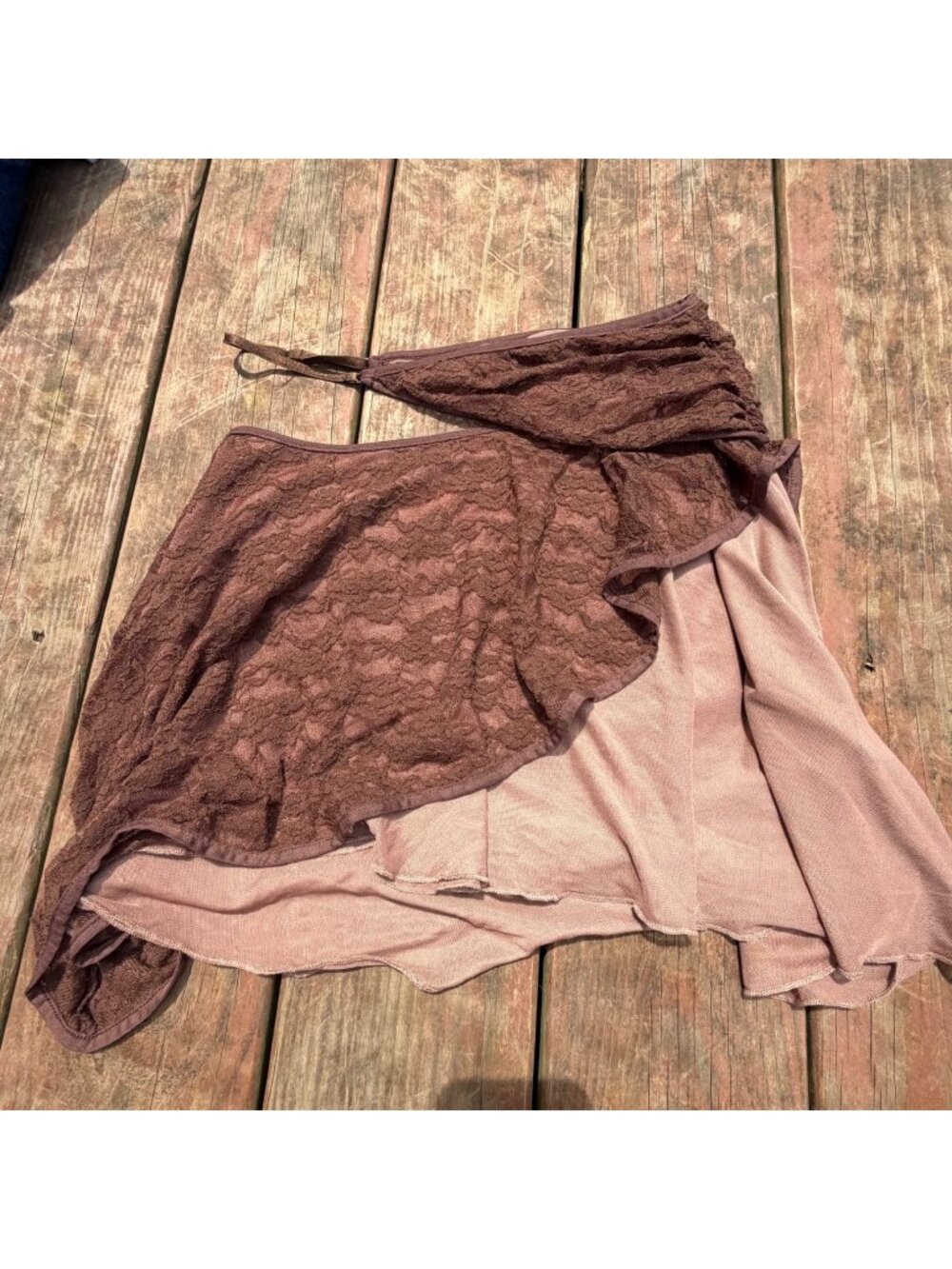 Tiger Mist Asymmetrical Brown Lace Overlay Skirt
